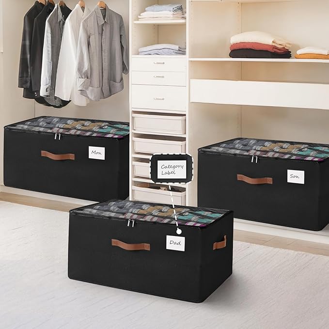 Shoe Organizer for Closet, Large Shoe Storage Box Container with Clear Cover,Foldable Shoe Storage Bins with Adjustable Divider,Space Saving Shoes Box with 4 Handles,Fits 12-24 Pairs (Black, large)