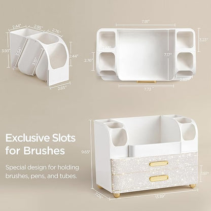 HBlife Makeup Organizer for Vanity with Brush Holder, Large Bathroom Countertop Cosmetic Organizer Skin Care Storage, Easy to Store Nail Polishes, Perfumes, Eyeshadow Palettes, Pearl All White