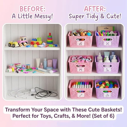 Mixed Color Small Plastic Open Storage Weave Baskets, 6-Pack Versatile Shelf Organizer Woven Baskets for Classrooms, Children's Rooms, and Pantries, Pink/Purple-10x7.5x4 inch
