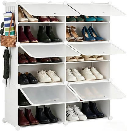 Simple Deluxe 6-Tier Shoe Rack Organizer with Doors, Stackable Shoe Storage Cabinet for Entryway Closet, Plastic Shoe Shelf with Metal Frame, Holds up to 24 Pairs for Bedroom Hallway, White