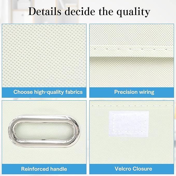 STOREONE Fabric Storage Cube Bins Foldable Organizer Container Collapsible Basket with Lids and Metal Handles, for Home, Bedroom, Closet 3 Pcs (Creamy-White)