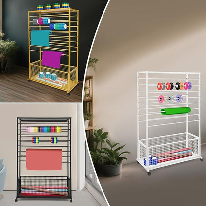 16-Tier Double-Sided Ribbon Holder Organizer Rack with Storage Basket & Wheels, Multifunctional Flower Wrapping Paper Display Stand for Craft Rooms, Flower Shops (Gold, 39.37''W x 12.6''D x 59.06''H)