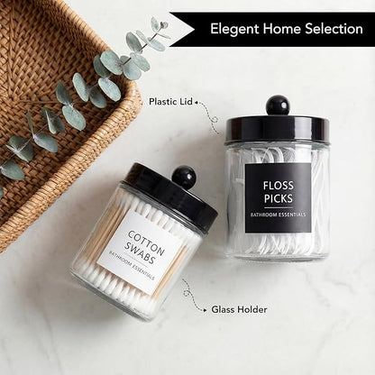 Amolliar 2 Pack Qtips Dispenser Holder - Bathroom Countertop Storage Organizer Containers - Glass Apothecary Jars with Black Plastic Lid for Q-tips Cotton Balls, Swabs, Round Pads, Floss
