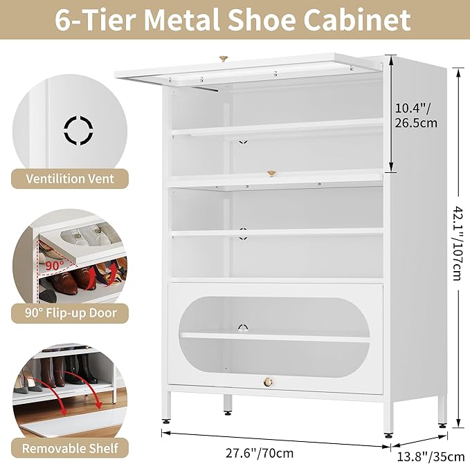 Foreate 6-Tier Entryway Shoe Storage Cabinet with 3 Flip-Up Glass Doors & Removable Shelf, 42” Metal Cabinet Shoe Rack Organizer for 18-24 Pair Shoes, Tall Freestanding Modern Shoe Cabinet-Glass Door