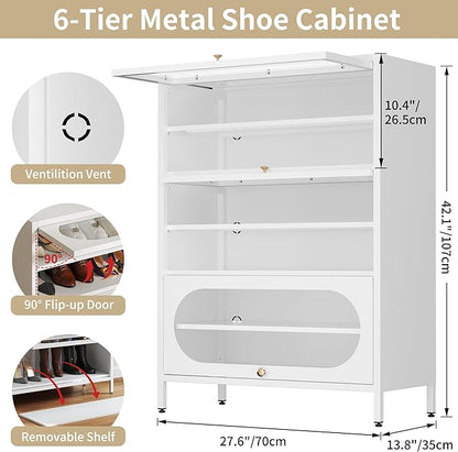 Foreate 6-Tier Entryway Shoe Storage Cabinet with 3 Flip-Up Glass Doors & Removable Shelf, 42” Metal Cabinet Shoe Rack Organizer for 18-24 Pair Shoes, Tall Freestanding Modern Shoe Cabinet-Glass Door