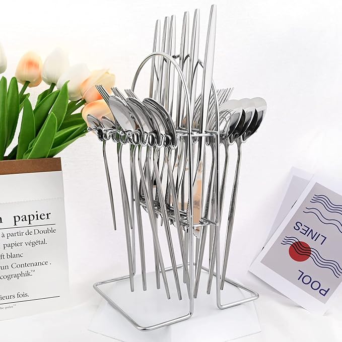 24-Piece Mirror Silver Cutlery Set, Snplowum Stainless Steel Flatware Hanging Tableware Silverware Set Include Knife/Fork/Spoon/Teaspoon and Storage Rack For Daily Use, Service For 6