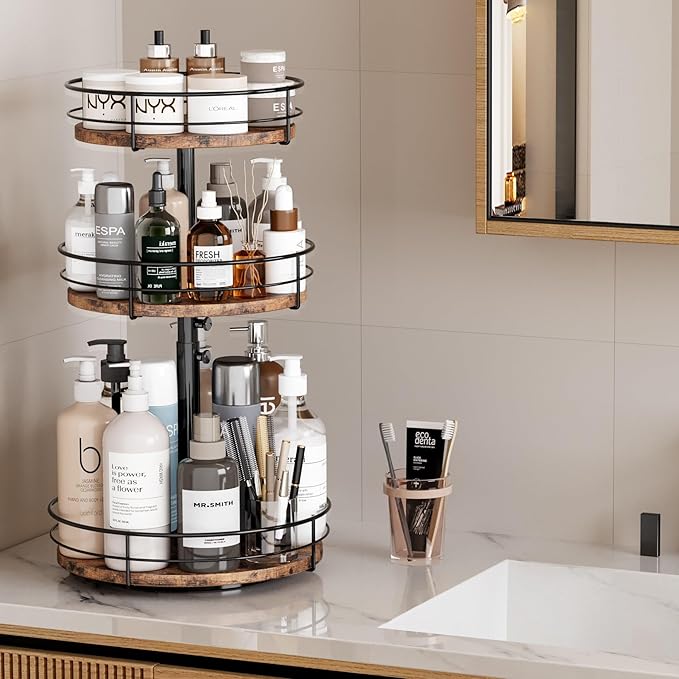 3 Tier Lazy Susan Spice Rack Organizer with Adjustable Height, 360° Rotating Spice Rack Spinning Organizer for Kitchen Bathroom Table Top Countertop Pantry, Black