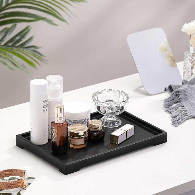 Luxspire Vanity Tray, Bathroom Tray Toilet Tank Storage Tray, Resin Kitchen Sink Trays, Vanity Countertop Organizer for Candles Soap Towel Perfume Holder Dish Decorative Serving Trays -Large- Black