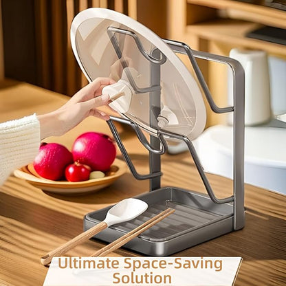 2026 New Multifunctional Kitchen Pot Lid Organizer with Removable Drip Tray, Double-Layer Lid Holder Stand for Countertop/Stove Top - Space-Saving Storage for Pot Lids, Spoons & Kitchen Tools (Gray)