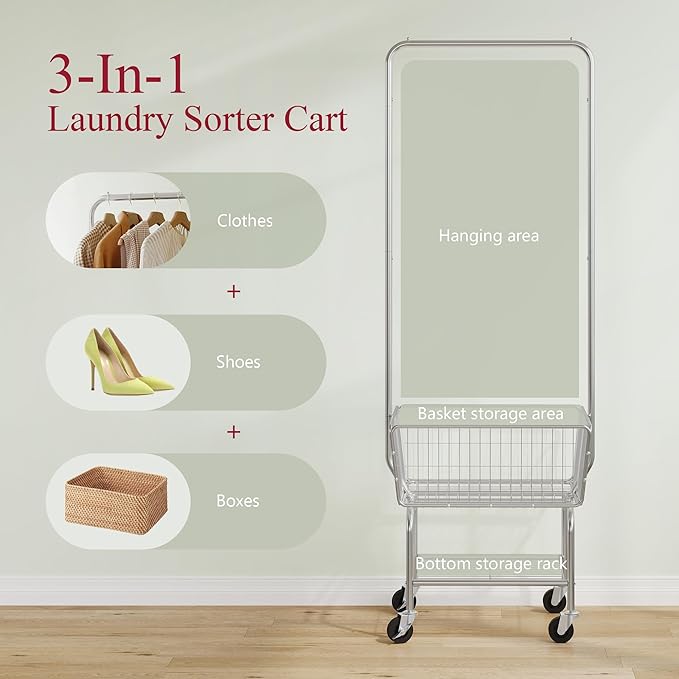 Tajsoon Laundry Cart with Hanging Rack, Metal Rolling Laundry Cart with Wheels and Storage Basket, Silver