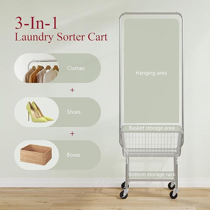 Tajsoon Laundry Cart with Hanging Rack, Metal Rolling Laundry Cart with Wheels and Storage Basket, Silver