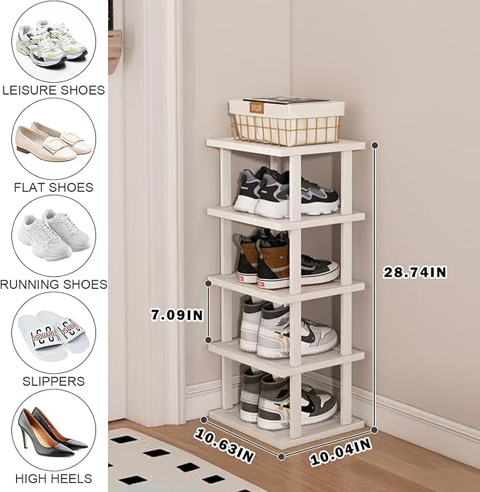 SAN HE Bamboo Shoe Rack 5Tier- Vertical White Shoe Rack for Small Spaces, Tall Narrow Shoe Rack Organizer for Closet Entryway Corner Garage and Bedroom,Skinny Shoe Shelf with Free Stackable DIY