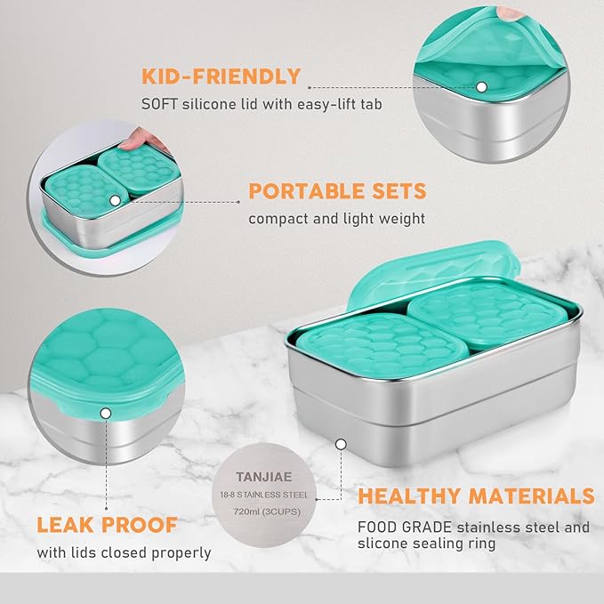 Tanjiae Small Stainless Steel Lunch Containers for Kids | Leak Proof Food Containers with Silicone Lids - Perfect Metal Food Containers with Lids for Kids School and Toddler Daycare (25oz+8oz*2)