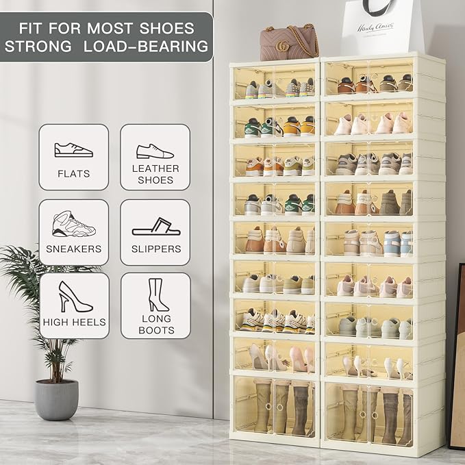 Dimmeda 9 Tiers Foldable Shoe Rack Organizer for Closet with Wheels, 36Pairs Plastic Collapsible Shoe Shelf for Front Door Entrance Stackable Clear Folding Shoes Storage Boxes Tall Shoe Cabinet