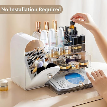 Makeup Organizer with Brush Holder for Vanity, Large Cosmetic Display Cases with 2 Drawers, Skincare Organizer for Bathroom Countertop, White
