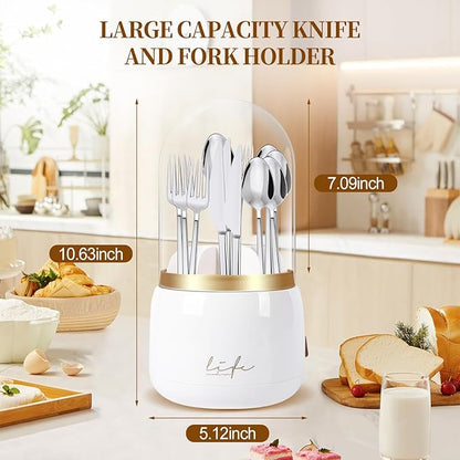 360° Rotating Silverware Utensil Holder for Kitchen Counter, Spoon and Fork Holder with Cover, Cooking Utensil Organizer with 7 Slots and Intermediate Drainage Device for Kitchen Decor(White)