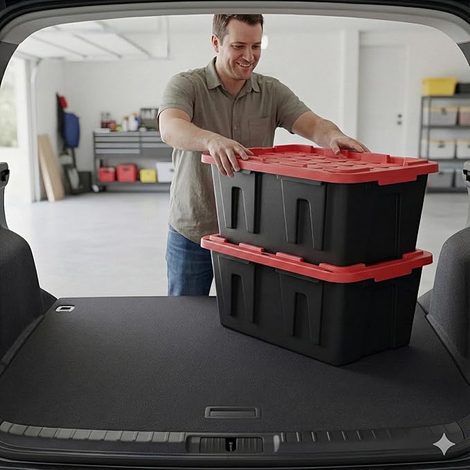 27 Gal Industrial Tote,2 Pack Large Storage Bin,Black with Red Lid Plastic Storage Container Stackable & Nestable Heavy Duty Storage Totes, Suitable for Garages, Basements or Outdoors (2 Pack)