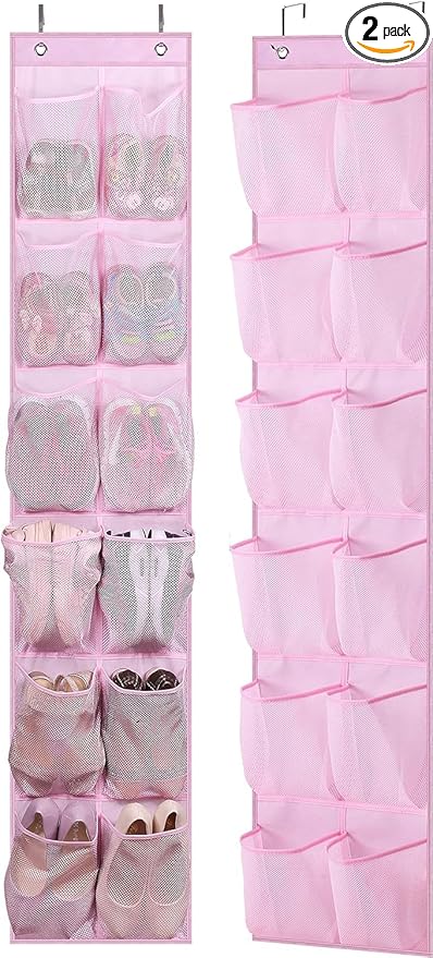 MISSLO Over The Door Shoe Organizer 12 Large Mesh Pockets Hanging Narrow Closet Door, Baby Hanging Shoe Rack Kids Closet Storage bags for Girl Women Men Toddler Nursery, Pink, 2 Pack