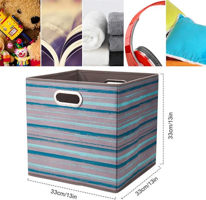 13 inch Collapsible Storage Cubes Bins Teal Stripes Fabric Storage Boxes Foldable Cube Inserts Storage Grey Printed Folding Cloth Storage Baskets Drawer Organizer ,QY-SC05-6