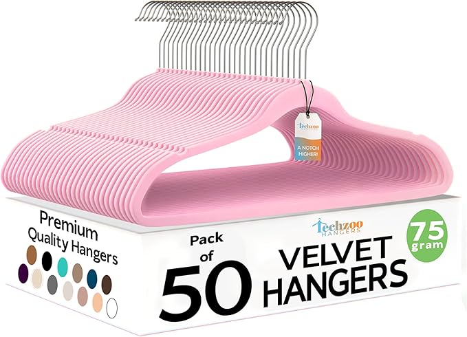Techzoo Premium Velvet Hangers 50 Pack Ultra Thin Non Slip Adult Felt Space Saving Suit Hanger for Closet Heavy Duty Coat Pants Jackets Dress Hangers 360° Swivel Hook Hold Upto 10 lbs Pink