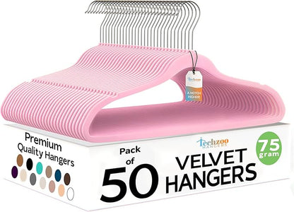 Techzoo Premium Velvet Hangers 50 Pack Ultra Thin Non Slip Adult Felt Space Saving Suit Hanger for Closet Heavy Duty Coat Pants Jackets Dress Hangers 360° Swivel Hook Hold Upto 10 lbs Pink