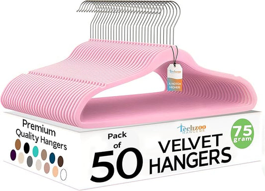 Techzoo Premium Velvet Hangers 50 Pack Ultra Thin Non Slip Adult Felt Space Saving Suit Hanger for Closet Heavy Duty Coat Pants Jackets Dress Hangers 360° Swivel Hook Hold Upto 10 lbs Pink