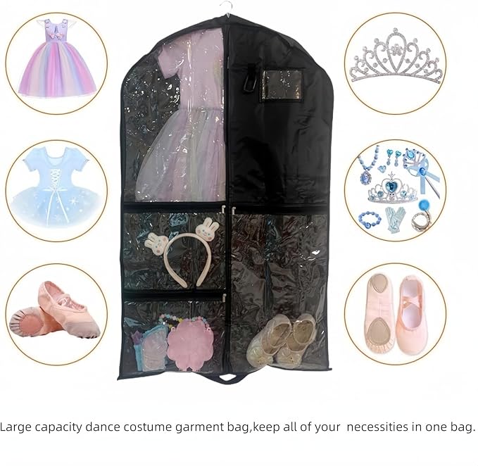 Dance Costume Garment Bag for Travel with Handles, 39 Inch Garment Bag for Dance Competitions, Kids Hanging Clothes Cover for Girls Closet Storage with 4 Zippered Pockets (Black-1 Pack)