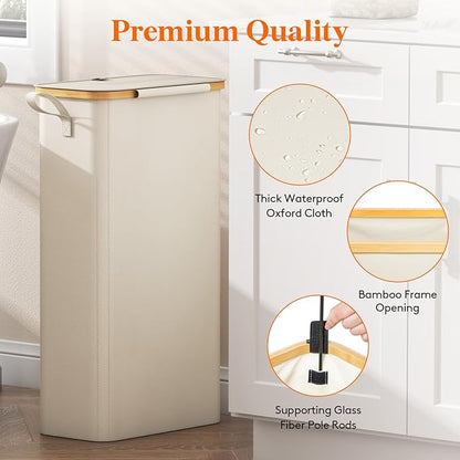 Lifewit 65L Slim Laundry Hamper with Lid, Narrow Laundry Basket with Removable Bag & Bamboo Handles, Fodable Thin Dirty Clothes Hamper for Laundry Collapsible Bin for Bathroom Bedroom Dorm, White