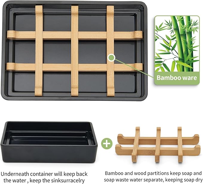 Bamboo Soap Dishes for Shower with Drainage Wooden Soap Bar Holder for Bathroom Soap Tray Easy to Clean, Durable and with Non-Slip Pads(Single Black Square)