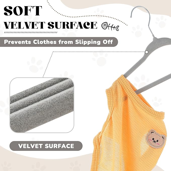 Weysat 24 Pcs Dog Apparel 11'' Clothing Hangers Velvet Small Pet Gray Hangers for Cats/Dogs Non-Slip & 360° Swivel Rustproof Metal Hooks, Space-Saving for Home Storage & Grooming Salons Minimalism
