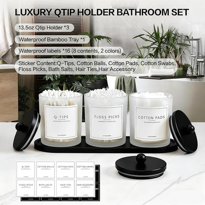 3 Pack Qtip Holder Bathroom Set,Cotton Ball Swab Pad Holder Cotton Round Floss Pick Dispenser with Tray,Glass Apothecary Jars with Lids,Bathroom Organizers and Storage Canisters-Frosted White