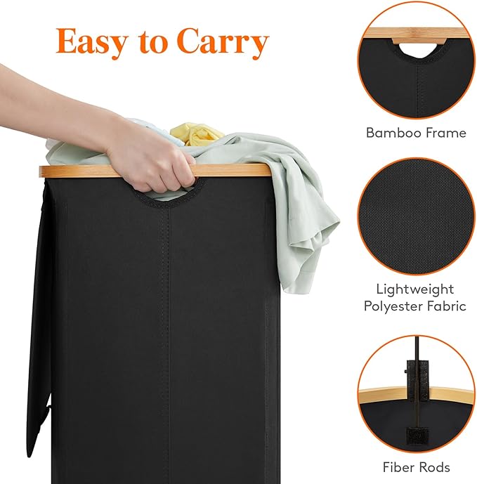 Lifewit 150L Double Laundry Hamper with Lid, Large Laundry Basket with Removable Bag & Bamboo Handles, Fodable Tall Dirty Clothes Hamper for Laundry Collapsible Bin for Bathroom Bedroom Dorm, Black
