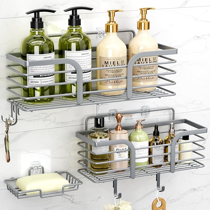 Yougai Shower Caddy, Shower Organizer with Soap Holder and Hooks, Rustproof Shower Shelves, No Drilling Bathroom Organizers and Storage, Wall-Mounted Kitchen & Home Decor, Light Grey