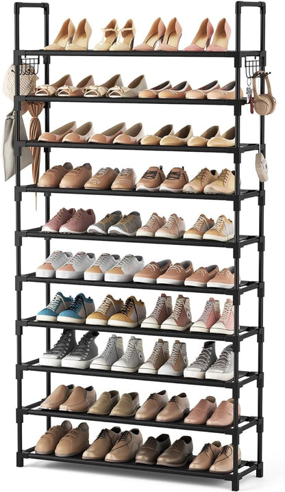 VTRIN 10 Tier Shoe Rack Tall Large Capacity Wide Shoe Organizer with Two Hooks Sturdy Metal Shoe Shelf for Entryway, Closet, Bedroom