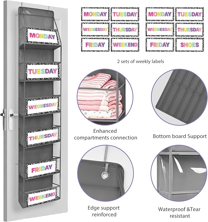2 Pcs 6-Shelf Weekly Clothes Organizer for Kids Daily Hanging Closet Organizer with 2 Sets Week Day Stickers Foldable Days of The Week Behind Door Hanging Storage Shelves