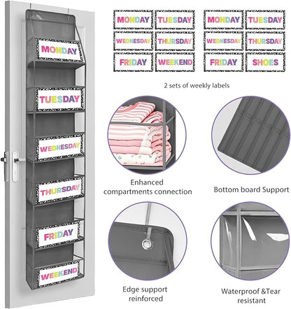 2 Pcs 6-Shelf Weekly Clothes Organizer for Kids Daily Hanging Closet Organizer with 2 Sets Week Day Stickers Foldable Days of The Week Behind Door Hanging Storage Shelves