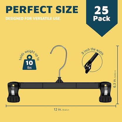 Lifemaster Pants Hangers with Clips Pack of 25, 12-Inch Heavy-Duty Clothes Hangers with Non-Slip Ridged Grip Clips & 360° Swivel Hook, Space-Saving Closet Organizer for Pants, Skirts & Shorts, White