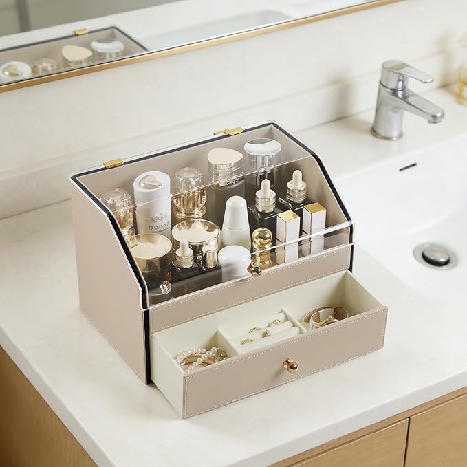 Leather Makeup Organizer & Skincare Storage Rack - Cosmetic Display Case with Dustproof Transparent Cover, Drawer Jewelry Storage, for Bedroom Vanity, Perfume & Lipstick Organizer (Beige)
