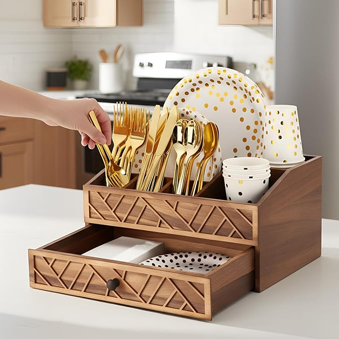 Marsui Paper Plate Dispenser, Wood Rustic Paper Plate Holder for Countertop with Drawer Silverware Utensil Caddy, Cutlery Flatware Organizer for Spoon Fork Napkins Kitchen Parties(Wood-burned Brown)
