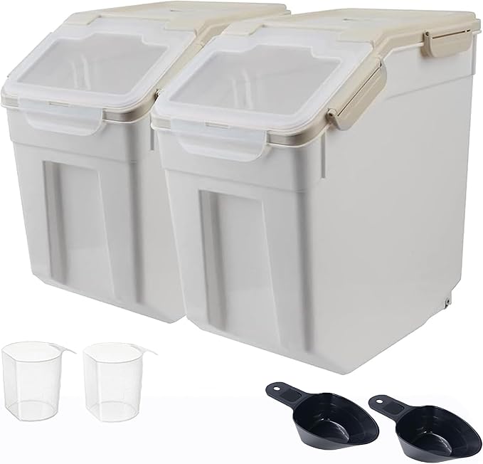 RUIAN 2Pcs Large Flour Storage Container Bin 25Lb Airtight Rice Storage Containers with Wheels Seal Locking Lid, BPA Free with Measuring Cup&Scoop for Flour, Rice, Grain 50LB Total (Gray)
