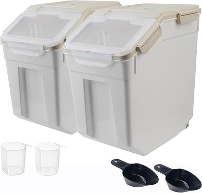 RUIAN 2Pcs Large Flour Storage Container Bin 25Lb Airtight Rice Storage Containers with Wheels Seal Locking Lid, BPA Free with Measuring Cup&Scoop for Flour, Rice, Grain 50LB Total (Gray)