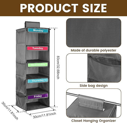 Weekly Clothes Organizer for Kids, 5-Shelf Hanging Closet Organizer with Visual Label, Multipurpose Polyester Clothes Organizer, Monday to Friday Weekly Clothing Organizer for Hats T-Shirts (Gray)