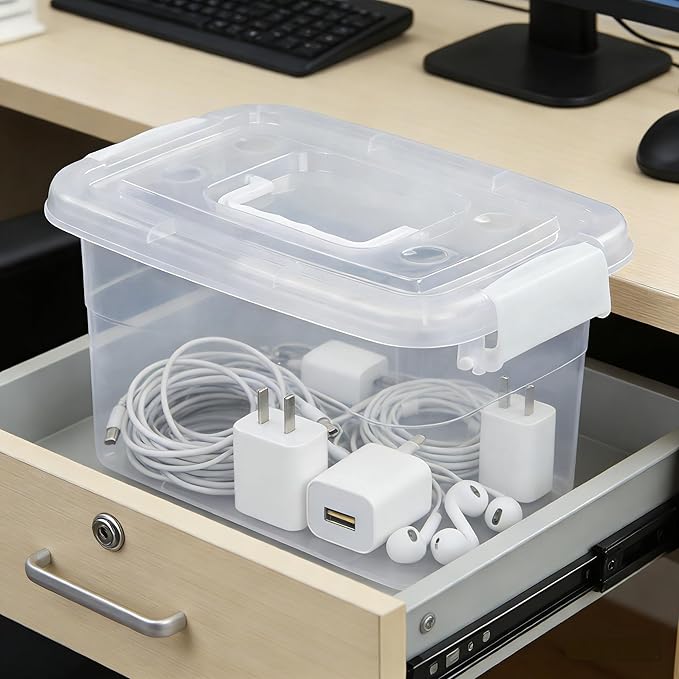 6-Pack Home Storage Bins, Plastic Container, Latching Box with Handle (White handle)
