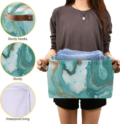 Turquoise Marble Texture Basket Bin Large Storage Basket Toy Basket Canvas Storage Basket Clothes Basket Decorative Basket for Home Office (15x11x9.5inch,2PACK)