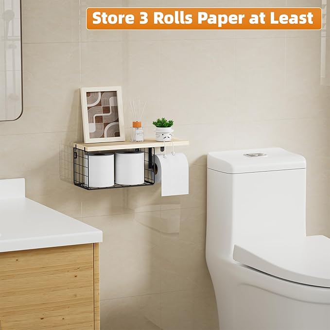 VITVITI Toilet Paper Holder with Shelf, Wall Mounted Toilet Paper Storage Basket, Wood Metal Toilet Roll and Wipes Holder for Bathroom Farmhouse (Natural)