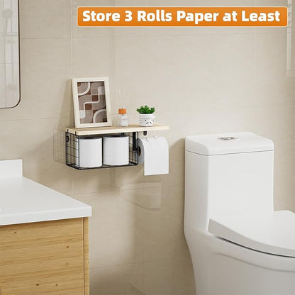VITVITI Toilet Paper Holder with Shelf, Wall Mounted Toilet Paper Storage Basket, Wood Metal Toilet Roll and Wipes Holder for Bathroom Farmhouse (Natural)