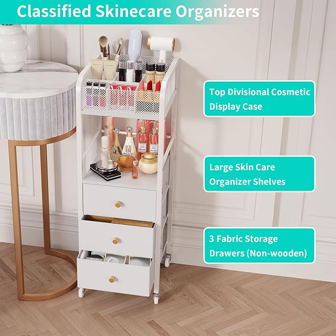 HapiRm Rolling Makeup Cart Organizer - Floor Skincare Make Up Storage with 3 Non-woven Fabric Drawers, Vanity Organizer Cosmetic Display Cases Holder for Skin Care Perfume Nail Polish Brush Hair Tool