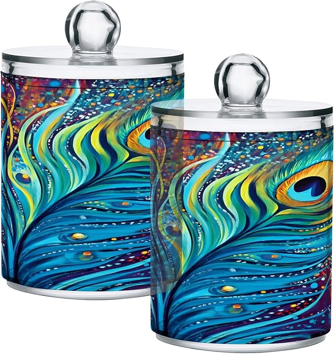 4 Pack Qtip Holder Dispenser Peacock Feathers Rainbow Feathers Blue Cotton Ball Swab Round Pads Floss Clear Bathroom Storage Containers Plastic Apothecary Jars with Lids