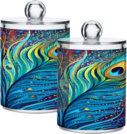 4 Pack Qtip Holder Dispenser Peacock Feathers Rainbow Feathers Blue Cotton Ball Swab Round Pads Floss Clear Bathroom Storage Containers Plastic Apothecary Jars with Lids
