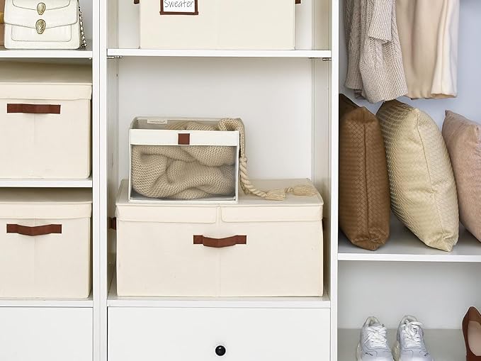 StorageWorks Extra Large Storage Bins with Double-Open Lid, 55L Fabric Baskets with Divider Board, Boxes for Clothes, Linen Closet Organizers with Handles, Ivory White, 2-Pack